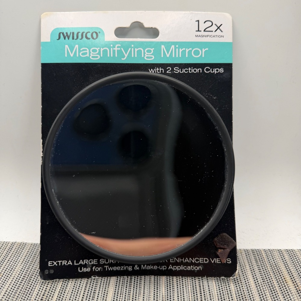 Swissco 12x Magnifying Mirror Black Round Suction Cup Makeup Tweezing Art 8112‎